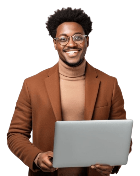 A man smiling and carrying a laptop ready to grow your business