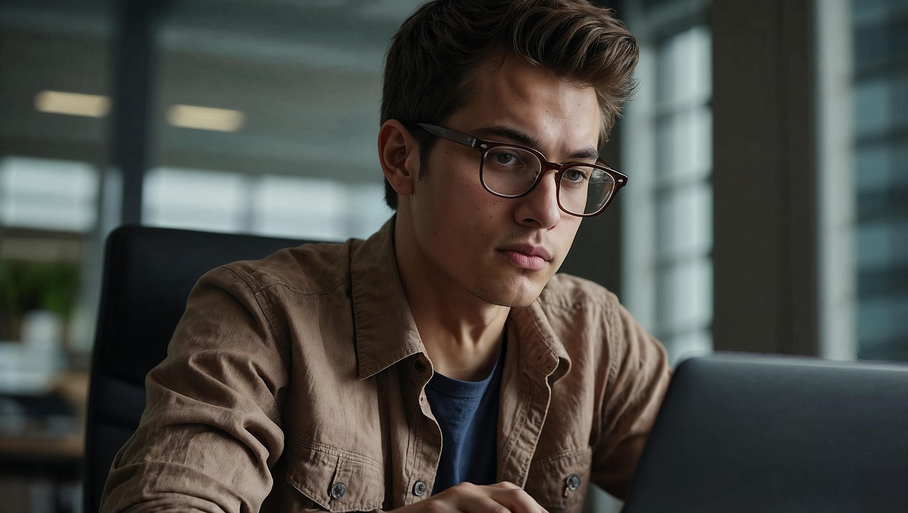 A man putting on glasses reading latest blogs, and growth insights